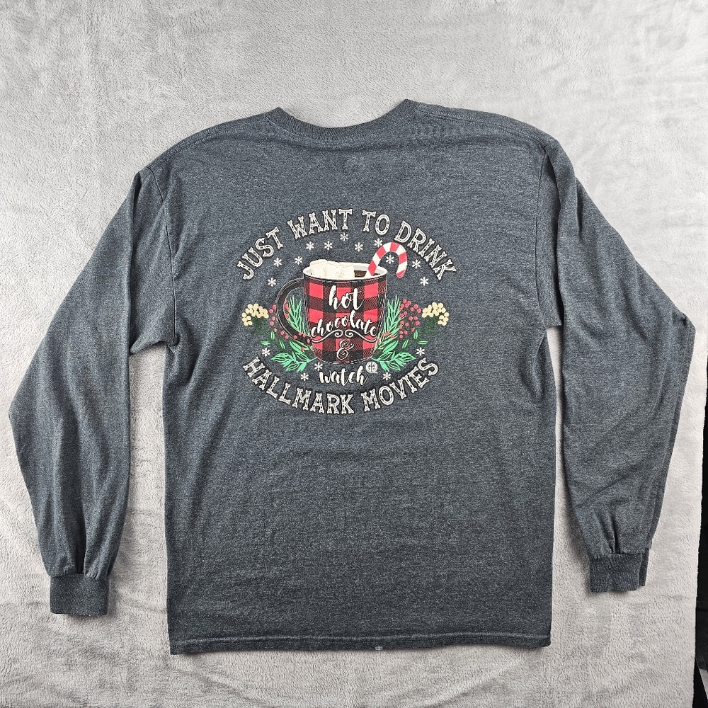 Girliegirl Original Long Sleeve Shirt Hot Chocolate Holiday Women Large Gray